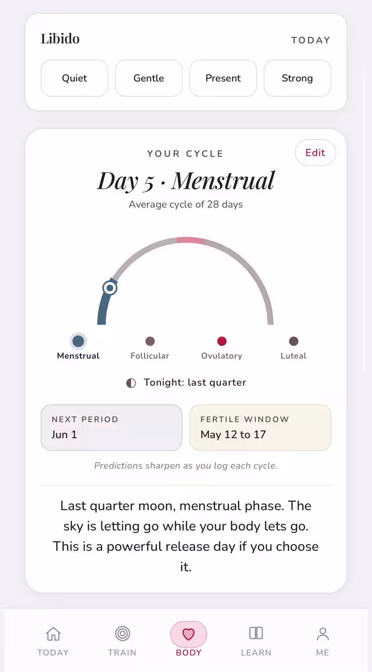 Be Bold app body screen with libido check, cycle phase, and a daily Body Letter