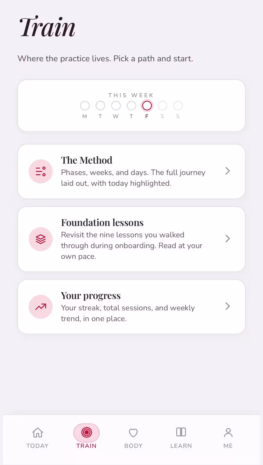 Be Bold app train screen showing the method, foundation lessons, and weekly progress