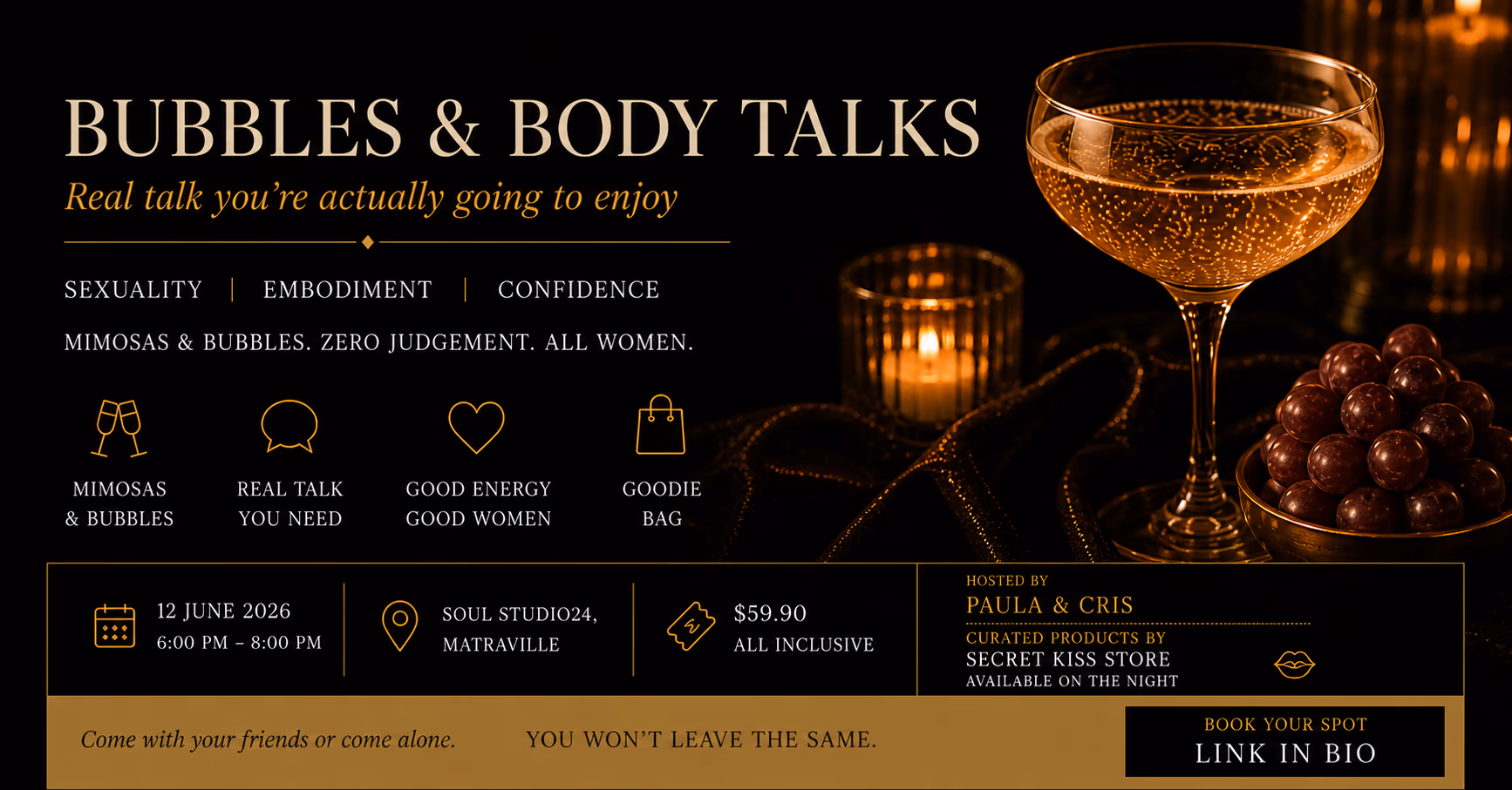 Bubbles and Body Talks. 12 June 2026 at Soul Studio 24, Matraville.