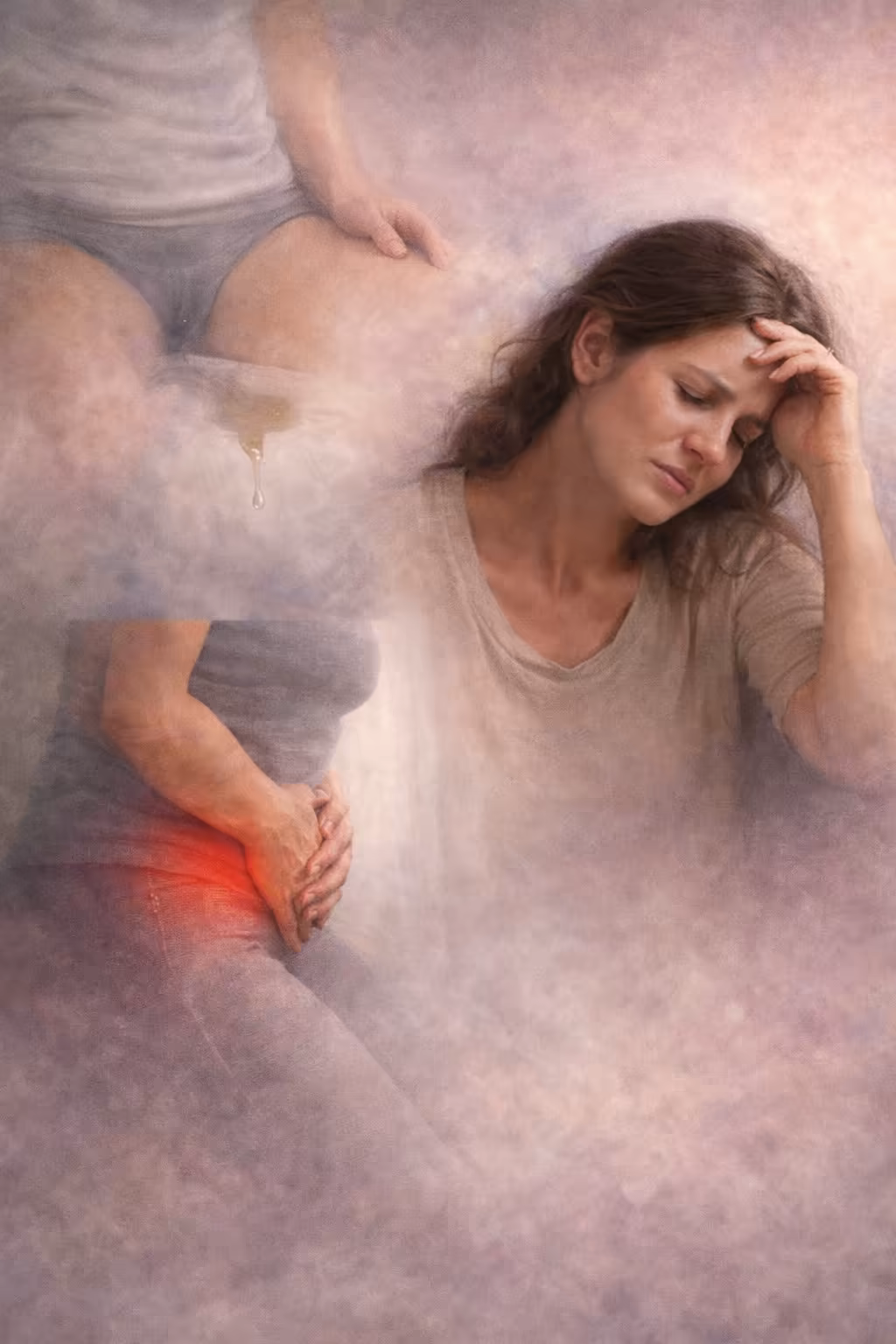 Woman experiencing pelvic floor discomfort and urinary incontinence